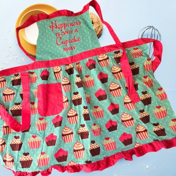 Pantry Full Apron Happiness Is Only A Cupcake Away Pink And Turquoise Cotton EUC - Picture 1 of 5